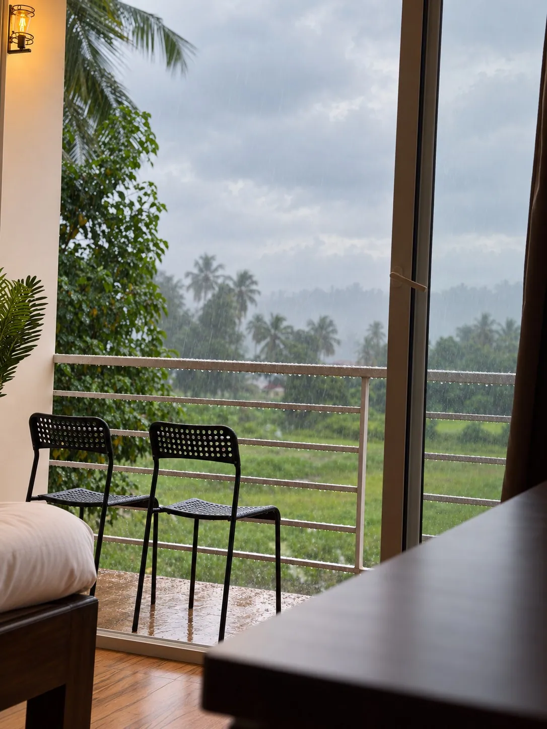 Monsoon rain over the fields, watched from the balcony chairs