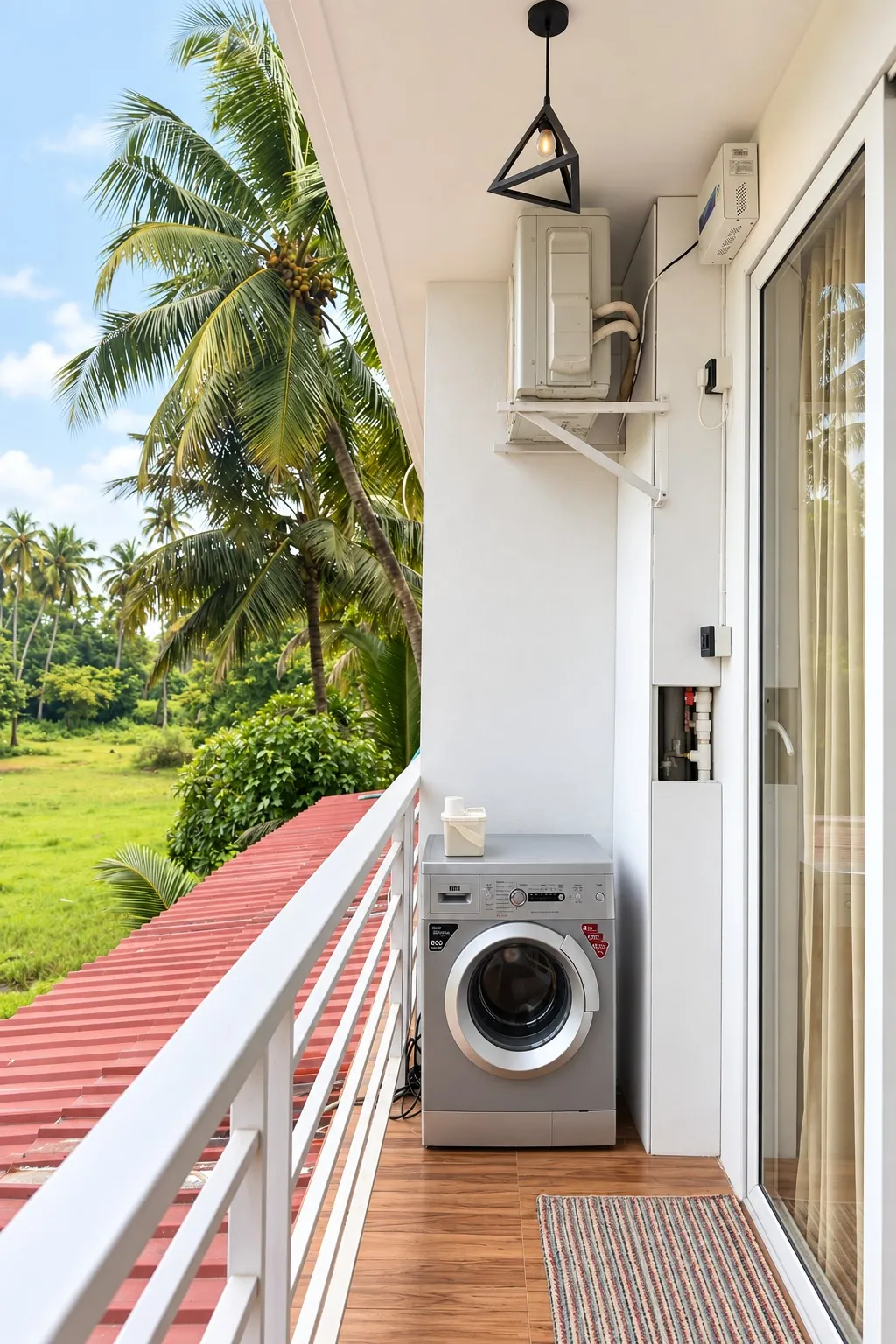 The length of the balcony, with the washing machine at the far end