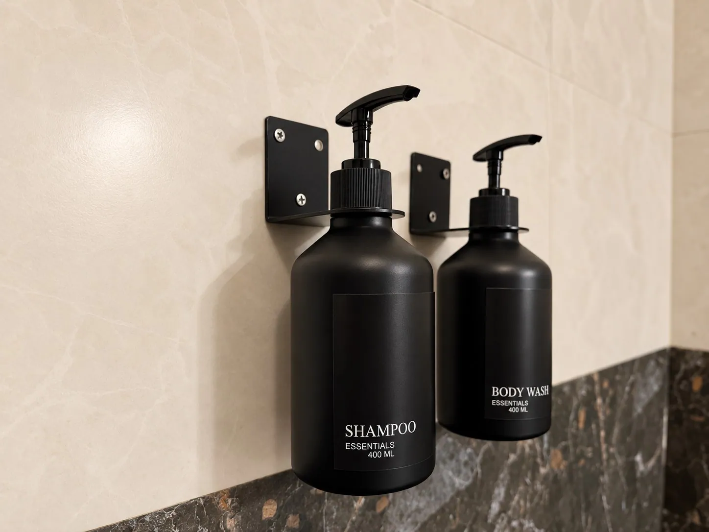 Shampoo and body wash in wall-mounted black bottles
