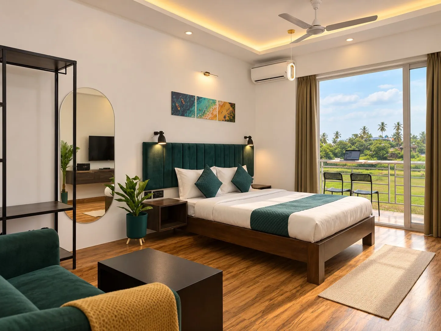 Rivara's studio: the bed, and the balcony door open to palms and green fields