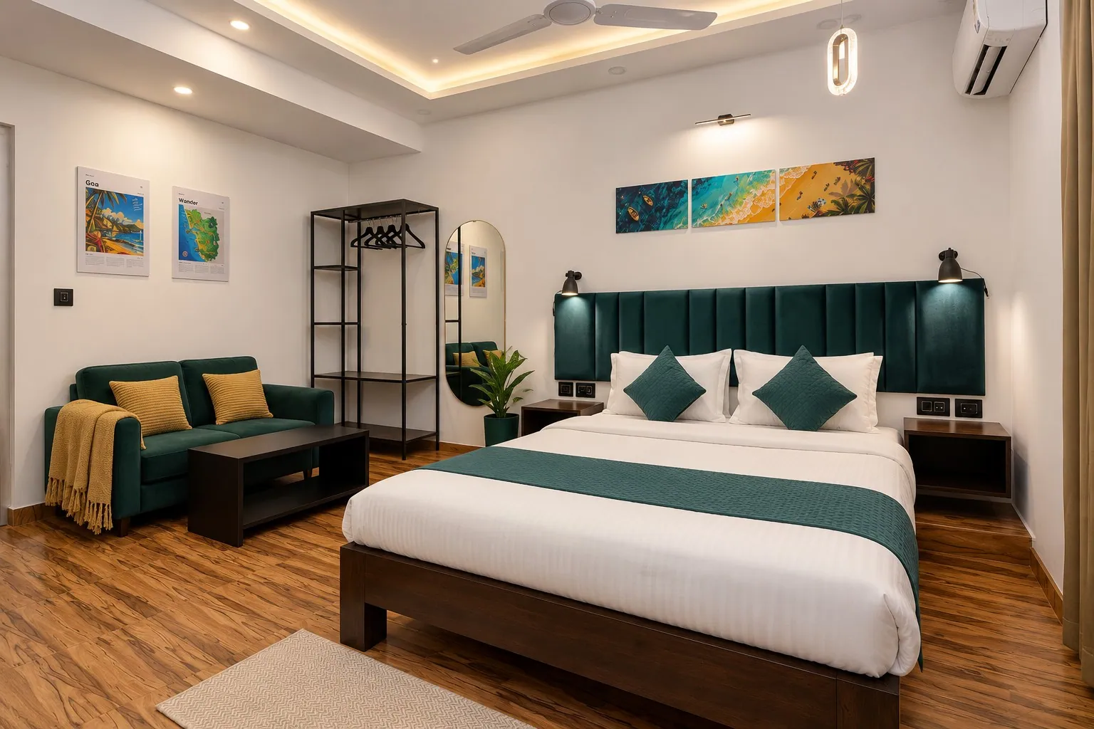 The whole studio from the corner: the bed, the green sofa, the coffee table, the open wardrobe and the Goa prints