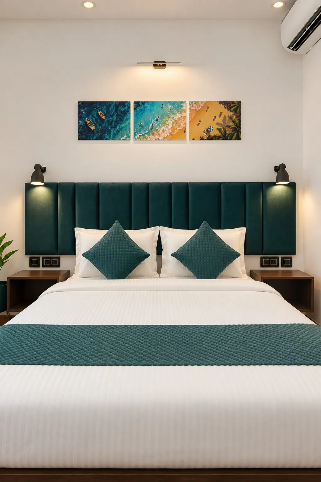 The double bed in white hotel-style linen with a teal runner and cushions, under a triptych of Goa's coast
