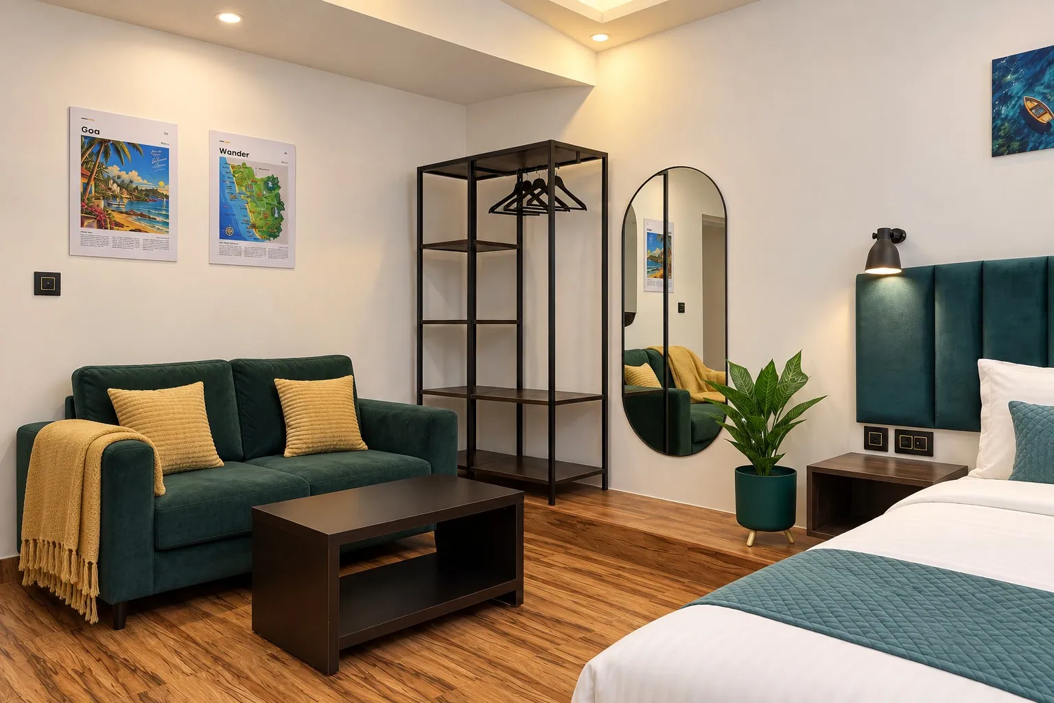 The sofa corner with mustard cushions, the open black wardrobe and the full-length oval mirror