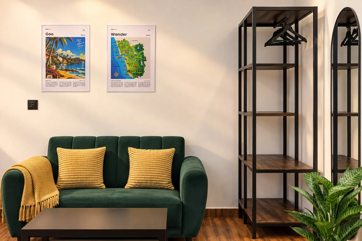 The green velvet sofa with a mustard throw, two framed Goa prints and the open wardrobe
