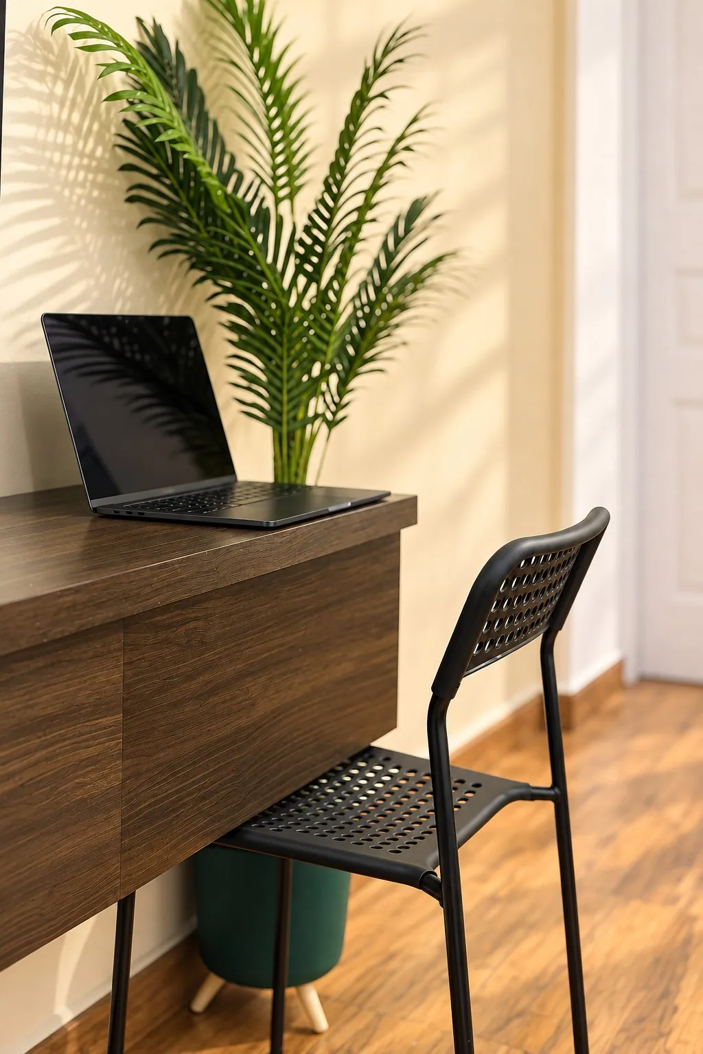 The desk and black chair by the window, with a laptop and a palm beside it