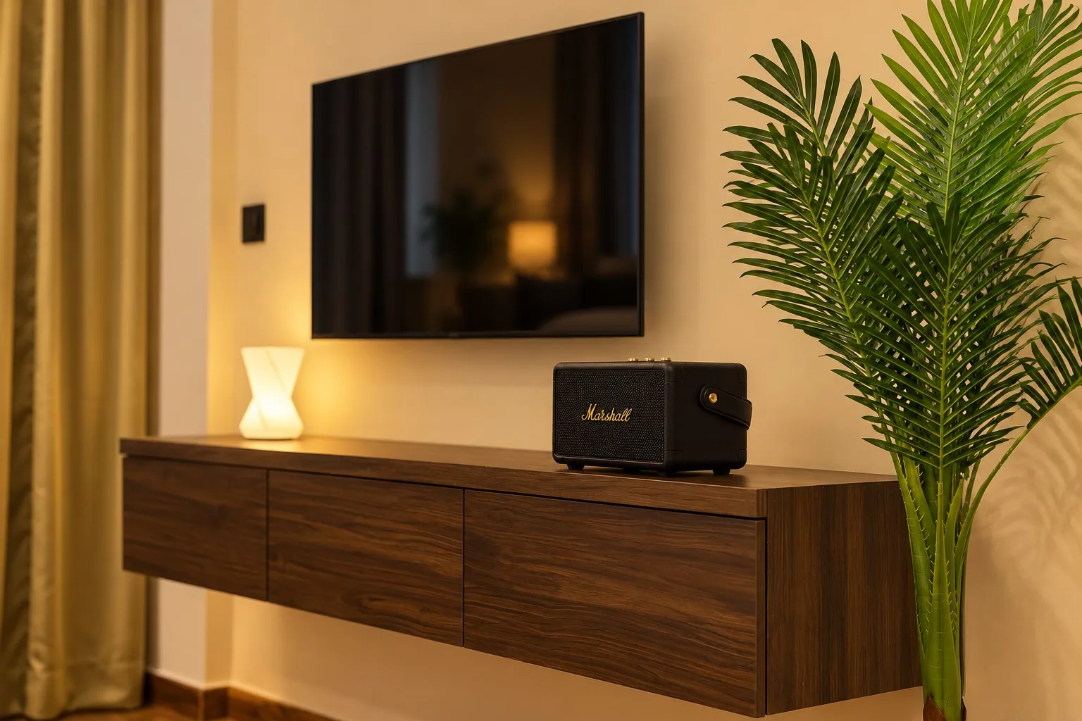 The TV console with the Marshall speaker and a tall palm in the corner