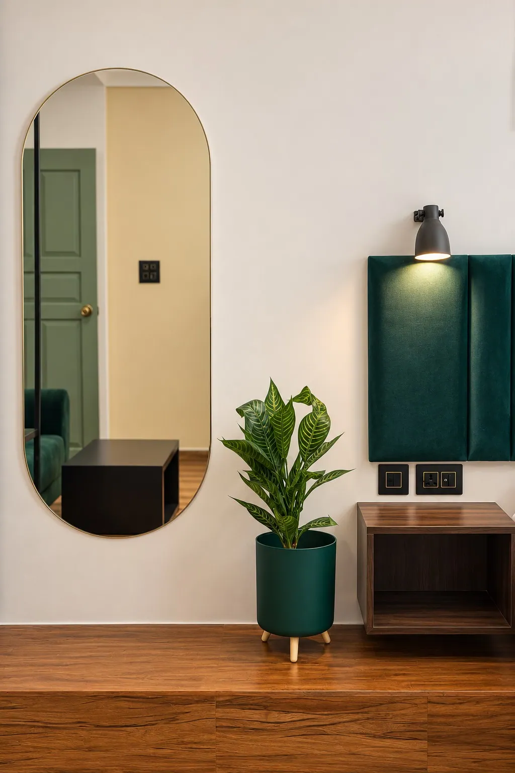 The full-length oval mirror, a plant in a green pot and a floating bedside table