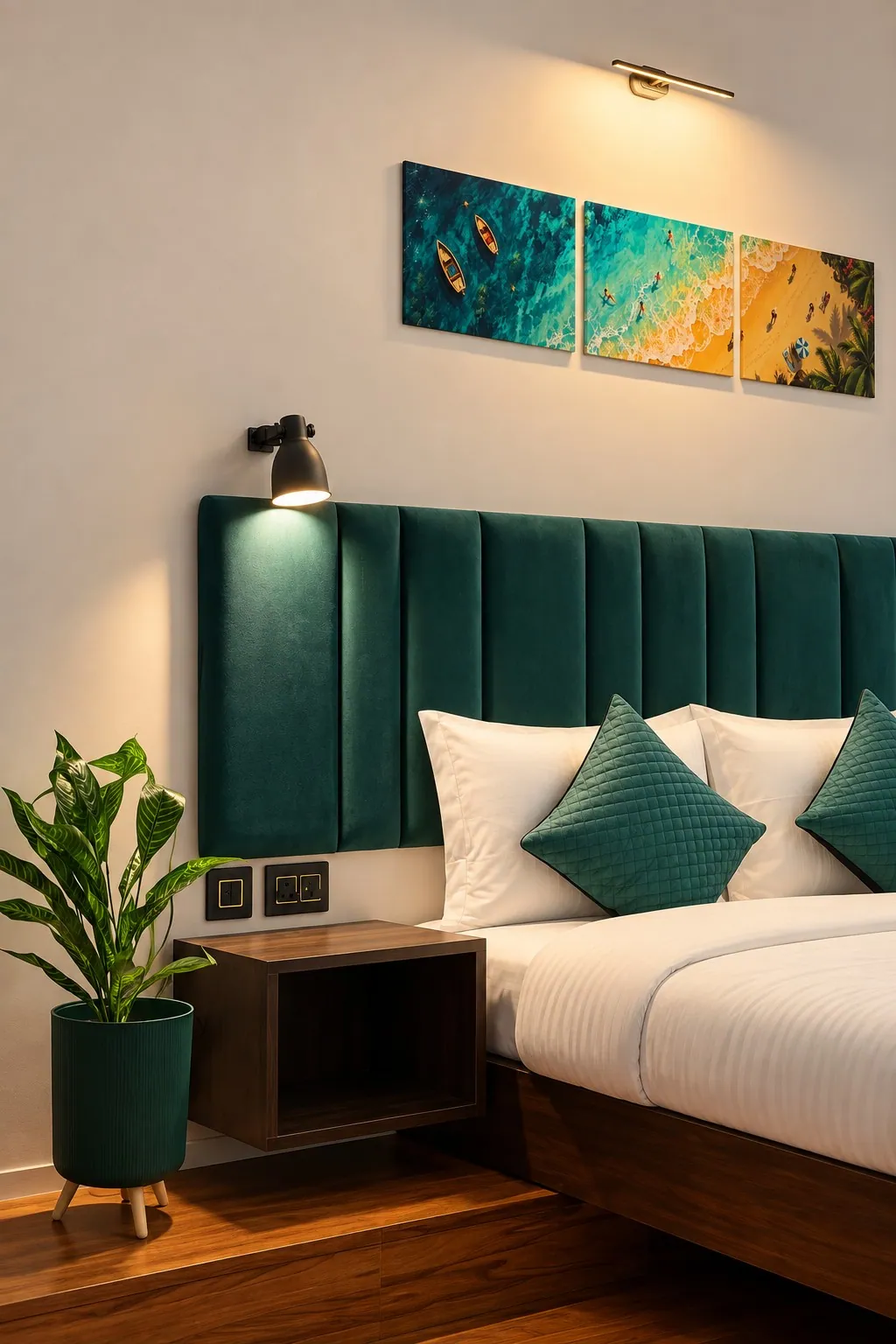 The bedside, with a black reading light, a floating nightstand and a plant