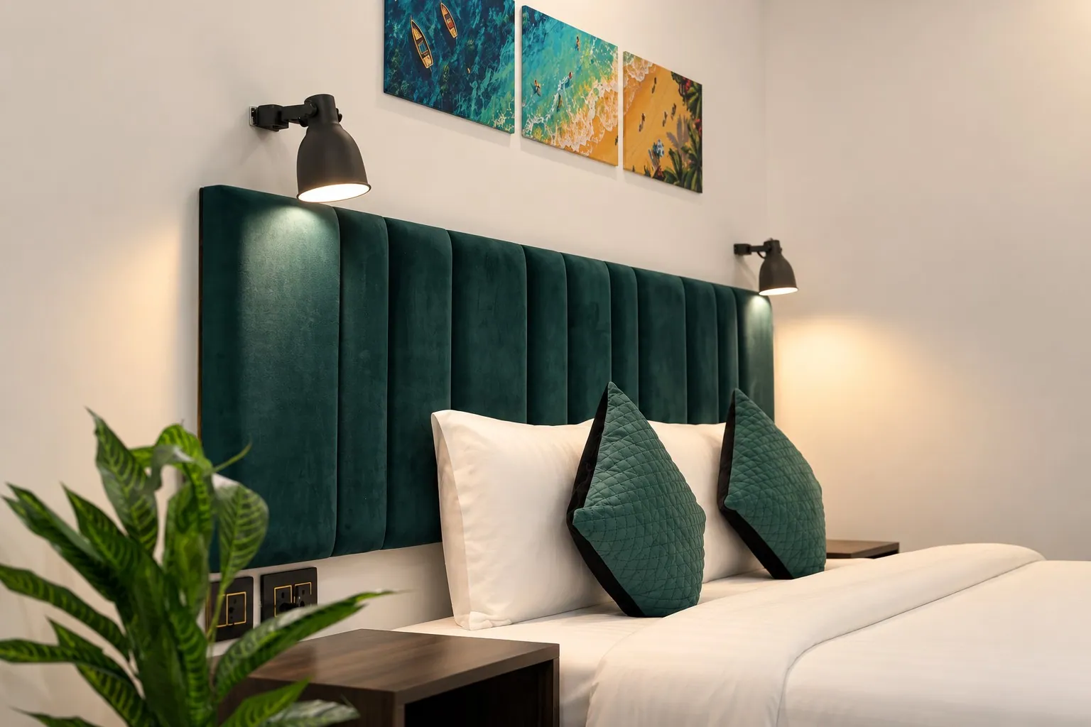 Two warm reading lights over the deep green channelled headboard