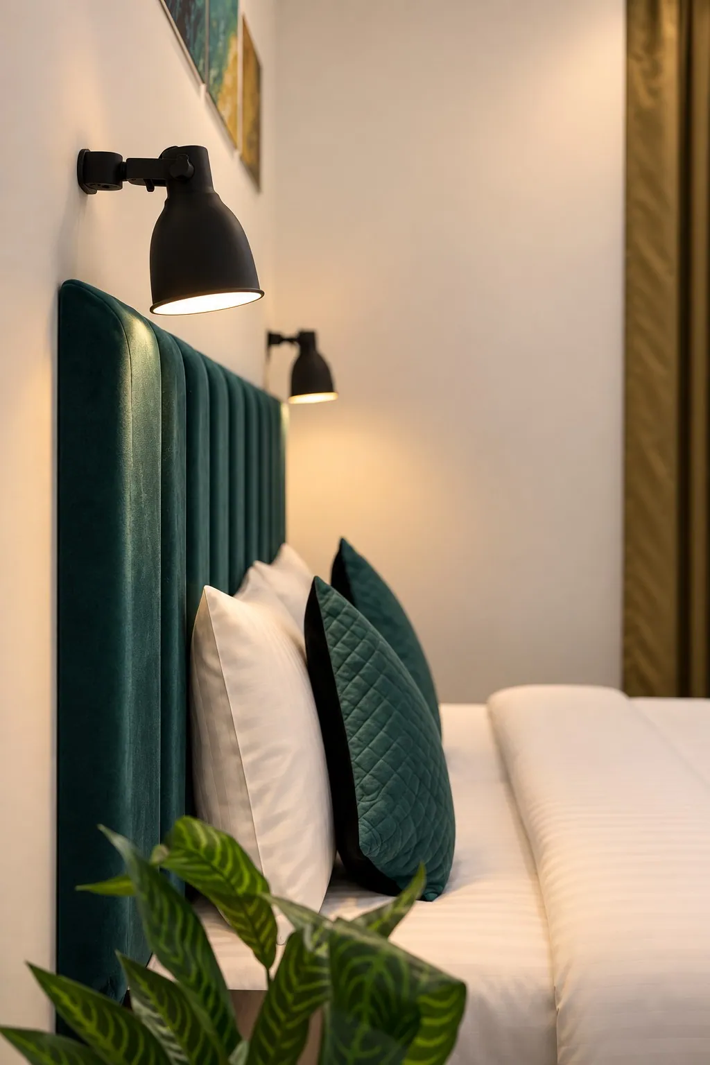 The green velvet headboard, white pillows and quilted teal cushions up close