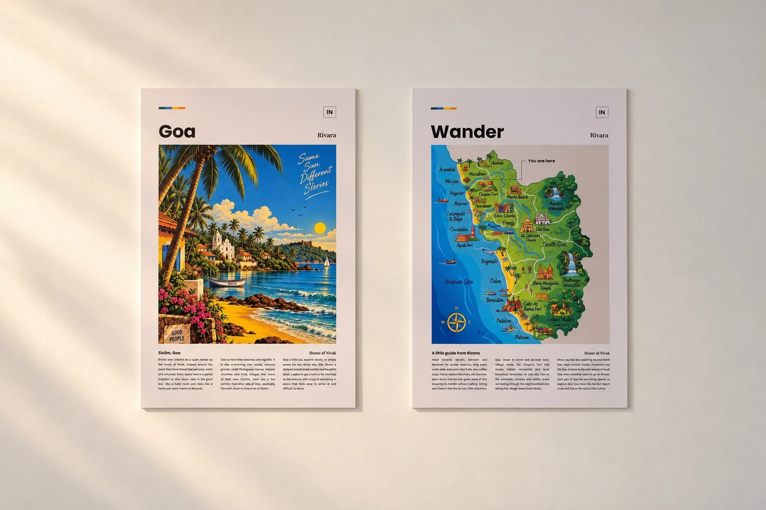 Two framed prints on the studio wall, one of Goa and one titled Wander