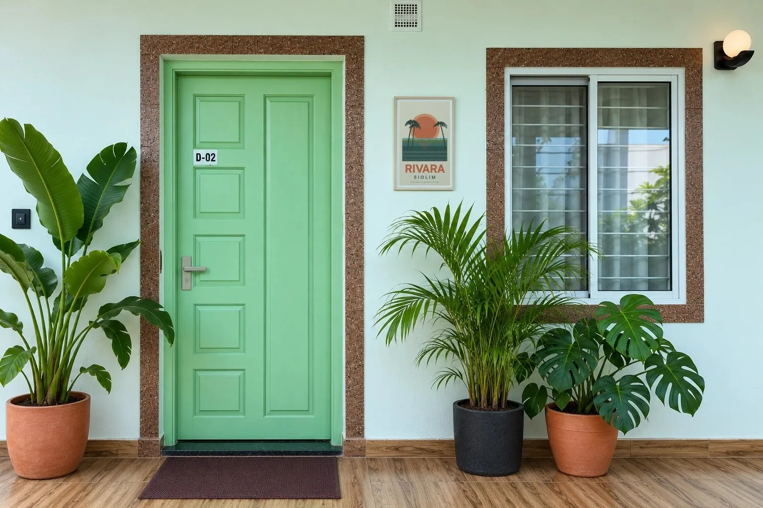 Rivara's green front door, D-02, with a Rivara Siolim poster and potted plants in the corridor