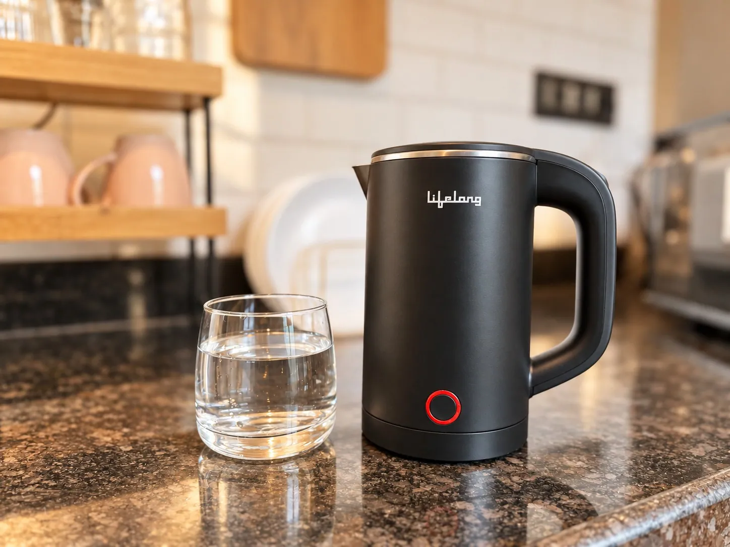 The electric kettle and a glass of water on the counter