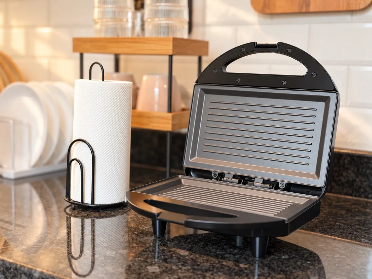 The sandwich griller, open and ready for breakfast