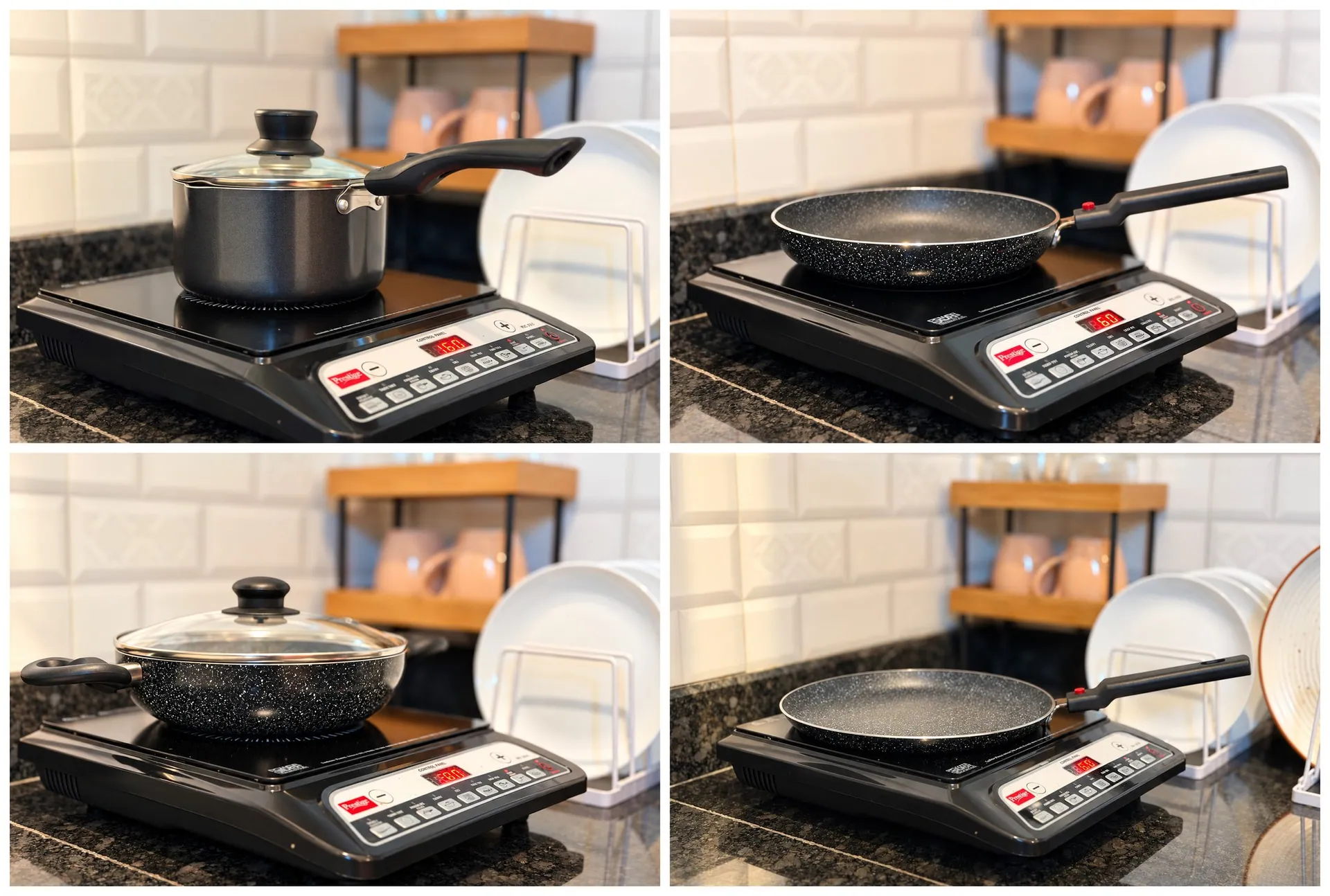 Four views of the induction cooktop with the pots and pans provided
